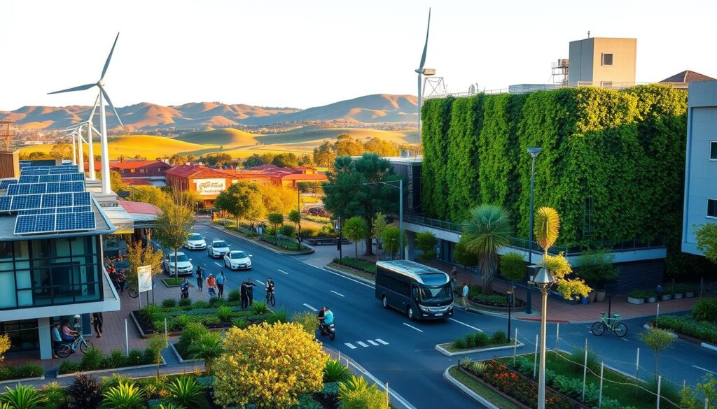 A bustling Queensland business district, with eco-friendly practices on full display. In the foreground, a modern office building featuring solar panels, wind turbines, and a lush green living wall. In the middle ground, electric vehicles and bicycles navigating the streets, surrounded by people tending to community gardens. In the background, a scenic landscape of rolling hills and native flora, bathed in warm, golden sunlight. The atmosphere conveys a sense of harmony between urban sustainability and the natural world, showcasing how Queensland businesses are leading the way in green innovation and cost-saving initiatives. A bustling Queensland business district, with eco-friendly practices on full display. In the foreground, a modern office building featuring solar panels, wind turbines, and a lush green living wall. In the middle ground, electric vehicles and bicycles navigating the streets, surrounded by people tending to community gardens. In the background, a scenic landscape of rolling hills and native flora, bathed in warm, golden sunlight. The atmosphere conveys a sense of harmony between urban sustainability and the natural world, showcasing how Queensland businesses are leading the way in green innovation and cost-saving initiatives.