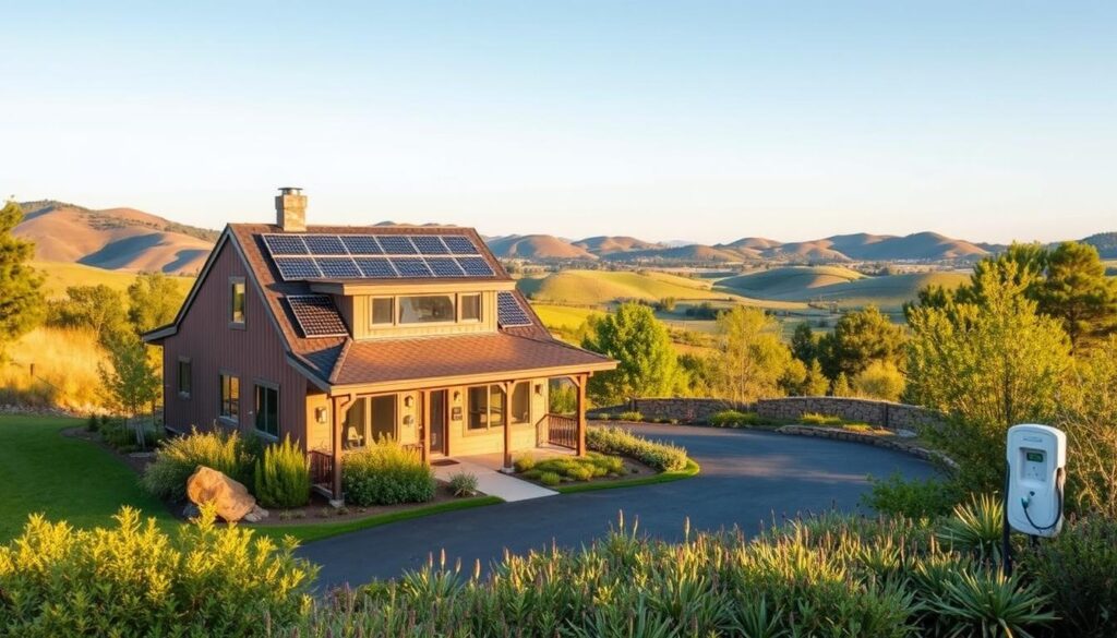 A cozy and modern green home nestled in a lush, sustainable landscape. In the foreground, a well-insulated house with solar panels on the roof, surrounded by a flourishing garden of native plants. The middle ground features a driveway with an electric vehicle charging station, while the background showcases a scenic view of rolling hills and a clear blue sky. Warm, diffused lighting illuminates the scene, creating a inviting and eco-friendly atmosphere. The image conveys the financial benefits of investing in a sustainable home, with a focus on long-term energy savings and increased property value.