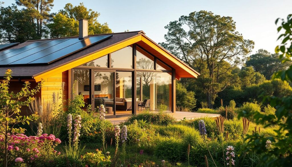 A cozy, energy-efficient home nestled in a lush, verdant landscape. The exterior features sleek solar panels seamlessly integrated into the roofline, capturing the sun's rays to power the home. Surrounding the house, a thriving garden overflows with native flora, demonstrating sustainable landscaping. Large, double-glazed windows flood the interior with natural light, reducing reliance on artificial lighting. Efficient appliances, smart home technology, and high-insulation materials work in harmony to minimize the carbon footprint. Warm, earthy tones and natural materials create a inviting, eco-conscious atmosphere. A panoramic view through the windows showcases the tranquil, tree-lined neighborhood, emphasizing the harmonious integration of the home with its environment. A cozy, energy-efficient home nestled in a lush, verdant landscape. The exterior features sleek solar panels seamlessly integrated into the roofline, capturing the sun's rays to power the home. Surrounding the house, a thriving garden overflows with native flora, demonstrating sustainable landscaping. Large, double-glazed windows flood the interior with natural light, reducing reliance on artificial lighting. Efficient appliances, smart home technology, and high-insulation materials work in harmony to minimize the carbon footprint. Warm, earthy tones and natural materials create a inviting, eco-conscious atmosphere. A panoramic view through the windows showcases the tranquil, tree-lined neighborhood, emphasizing the harmonious integration of the home with its environment.