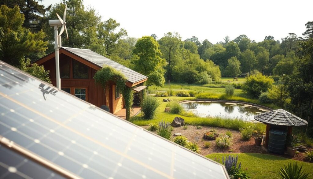A cozy sustainable home nestled in a lush, verdant landscape. In the foreground, solar panels glisten on the roof, harnessing the sun's power. A small wind turbine stands tall, gently spinning in the breeze. The middle ground showcases a beautifully landscaped garden, with native plants and a rain collection system. In the background, a serene pond reflects the surrounding trees and a compost bin sits discreetly. Soft, diffused natural lighting illuminates the scene, creating a warm and inviting atmosphere. The entire image conveys a sense of harmony between modern, eco-friendly home features and the tranquil natural environment.