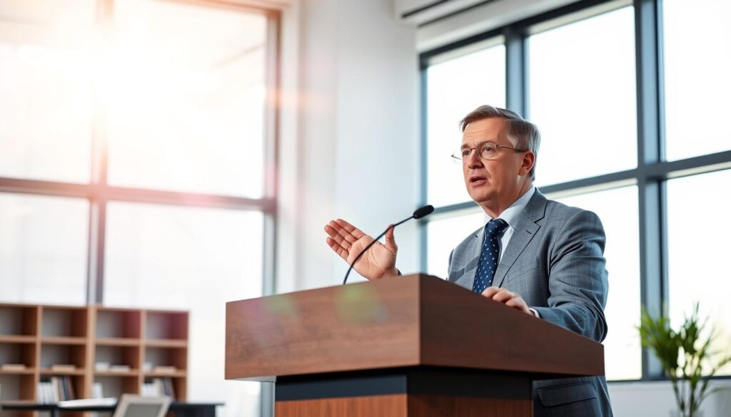 A government official stands at a podium, delivering an energetic speech about an energy rebate program. The background is a modern, well-lit office setting, with clean lines and a minimalist aesthetic. Sunlight streams in through large windows, casting a warm glow over the scene. The official gestures passionately, their face animated as they explain the details of the rebate, highlighting its impact on reducing household energy costs. The overall atmosphere conveys a sense of optimism and progress, reflecting the positive change the rebate program aims to bring to the community.