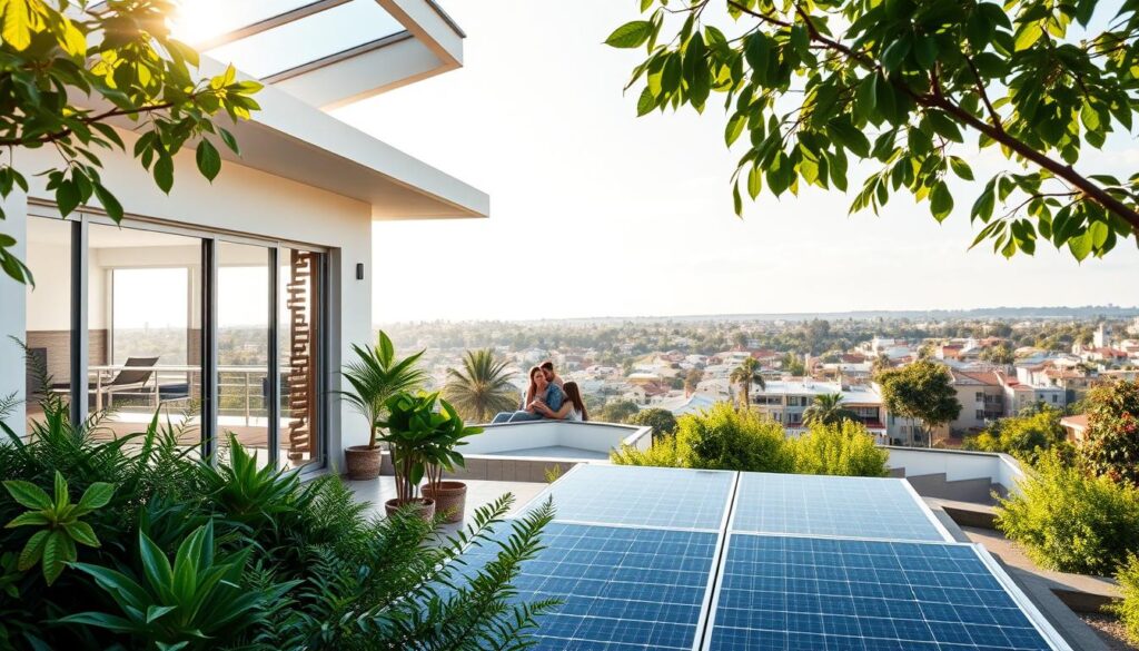 A modern, energy-efficient Queensland home nestled amidst lush, verdant gardens. Sunlight streams through large windows, illuminating the interior's sleek, minimalist design. In the foreground, a family relaxes comfortably, enjoying the cool breeze from an energy-saving HVAC system. The middle ground showcases rooftop solar panels, powering the home's electricity needs. In the background, a cityscape of similar eco-friendly dwellings, all contributing to a sustainable, money-saving lifestyle. The scene radiates a sense of tranquility and financial well-being, showcasing the benefits of living green in Queensland. A modern, energy-efficient Queensland home nestled amidst lush, verdant gardens. Sunlight streams through large windows, illuminating the interior's sleek, minimalist design. In the foreground, a family relaxes comfortably, enjoying the cool breeze from an energy-saving HVAC system. The middle ground showcases rooftop solar panels, powering the home's electricity needs. In the background, a cityscape of similar eco-friendly dwellings, all contributing to a sustainable, money-saving lifestyle. The scene radiates a sense of tranquility and financial well-being, showcasing the benefits of living green in Queensland.