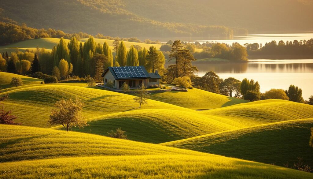 A serene landscape with lush, verdant rolling hills in the foreground, dotted with thriving trees and plants. In the middle ground, a modern, energy-efficient home stands proudly, its solar panels gleaming in the warm, golden sunlight. The background features a tranquil lake, its reflective surface mirroring the vibrant green hues of the surrounding environment. The scene exudes a sense of harmony, showcasing the lasting returns of sustainable, environmentally-conscious investments. The lighting is soft and natural, creating a peaceful, inviting atmosphere. The camera angle is slightly elevated, providing a panoramic view of this idyllic sustainable setting.