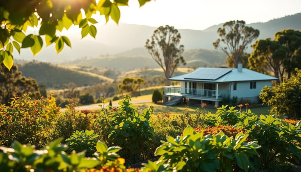 A serene, sun-dappled vista of a sustainable Queensland lifestyle. In the foreground, a lush, thriving vegetable garden overflows with fresh produce. In the middle ground, a modern, energy-efficient home blends seamlessly with the natural landscape, its solar panels glinting in the warm afternoon light. In the background, rolling hills and towering eucalyptus trees create a tranquil, verdant backdrop. The scene exudes a sense of harmony, where residents live in balance with the environment, embracing a healthful, eco-conscious way of life. Soft, diffused lighting and a shallow depth of field accentuate the peaceful, idyllic atmosphere. A serene, sun-dappled vista of a sustainable Queensland lifestyle. In the foreground, a lush, thriving vegetable garden overflows with fresh produce. In the middle ground, a modern, energy-efficient home blends seamlessly with the natural landscape, its solar panels glinting in the warm afternoon light. In the background, rolling hills and towering eucalyptus trees create a tranquil, verdant backdrop. The scene exudes a sense of harmony, where residents live in balance with the environment, embracing a healthful, eco-conscious way of life. Soft, diffused lighting and a shallow depth of field accentuate the peaceful, idyllic atmosphere.