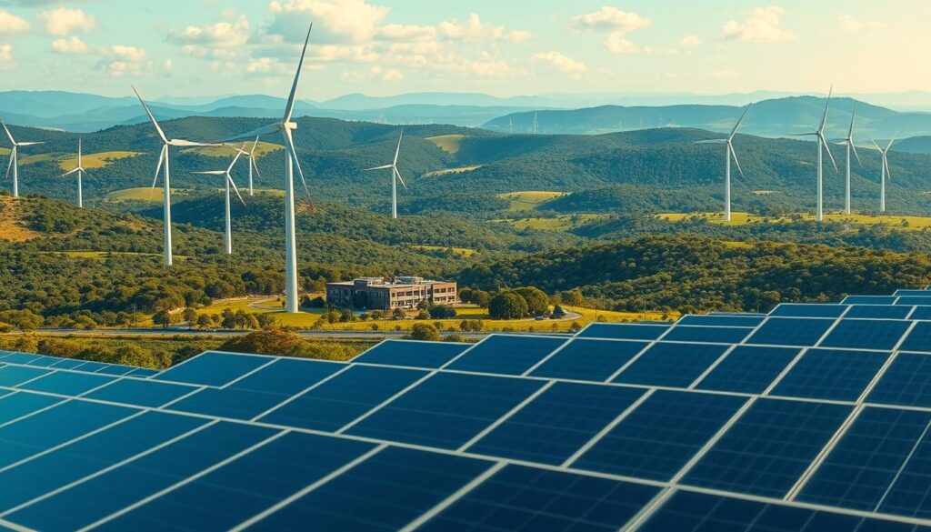 A sprawling green landscape in Queensland, Australia, where towering wind turbines stand tall, harnessing the region's abundant renewable energy resources. The foreground features a sun-dappled field of solar panels, their sleek surfaces reflecting the azure sky above. In the middle ground, a modern, energy-efficient building stands as a testament to the area's commitment to sustainable living. The background is dominated by rolling hills and lush, verdant foliage, creating a serene and idyllic atmosphere. The scene is illuminated by warm, golden lighting, conveying a sense of prosperity and progress within the renewable energy sector. The overall composition showcases the harmony between nature and technology, highlighting Queensland's leadership in the green energy transition. A sprawling green landscape in Queensland, Australia, where towering wind turbines stand tall, harnessing the region's abundant renewable energy resources. The foreground features a sun-dappled field of solar panels, their sleek surfaces reflecting the azure sky above. In the middle ground, a modern, energy-efficient building stands as a testament to the area's commitment to sustainable living. The background is dominated by rolling hills and lush, verdant foliage, creating a serene and idyllic atmosphere. The scene is illuminated by warm, golden lighting, conveying a sense of prosperity and progress within the renewable energy sector. The overall composition showcases the harmony between nature and technology, highlighting Queensland's leadership in the green energy transition.