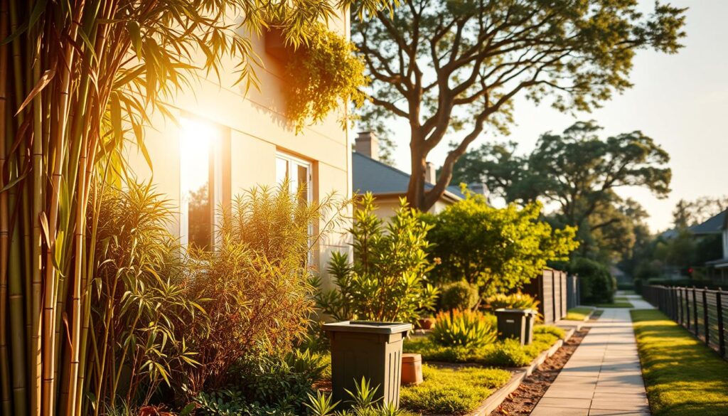 A sun-drenched residential building, its facade adorned with lush greenery and sustainable materials. In the foreground, an array of eco-friendly building materials - bamboo, recycled plastic, and solar panels - are showcased, highlighting their practical applications. The middle ground features a well-manicured garden, with native plants and a compost bin, while the background depicts a tranquil, tree-lined neighborhood. The lighting is soft and natural, creating a warm, inviting atmosphere that emphasizes the building's commitment to sustainable living. The overall composition conveys a sense of harmony between the structure, its surroundings, and the environment, inspiring a vision of green, low-carbon living. A sun-drenched residential building, its facade adorned with lush greenery and sustainable materials. In the foreground, an array of eco-friendly building materials - bamboo, recycled plastic, and solar panels - are showcased, highlighting their practical applications. The middle ground features a well-manicured garden, with native plants and a compost bin, while the background depicts a tranquil, tree-lined neighborhood. The lighting is soft and natural, creating a warm, inviting atmosphere that emphasizes the building's commitment to sustainable living. The overall composition conveys a sense of harmony between the structure, its surroundings, and the environment, inspiring a vision of green, low-carbon living.