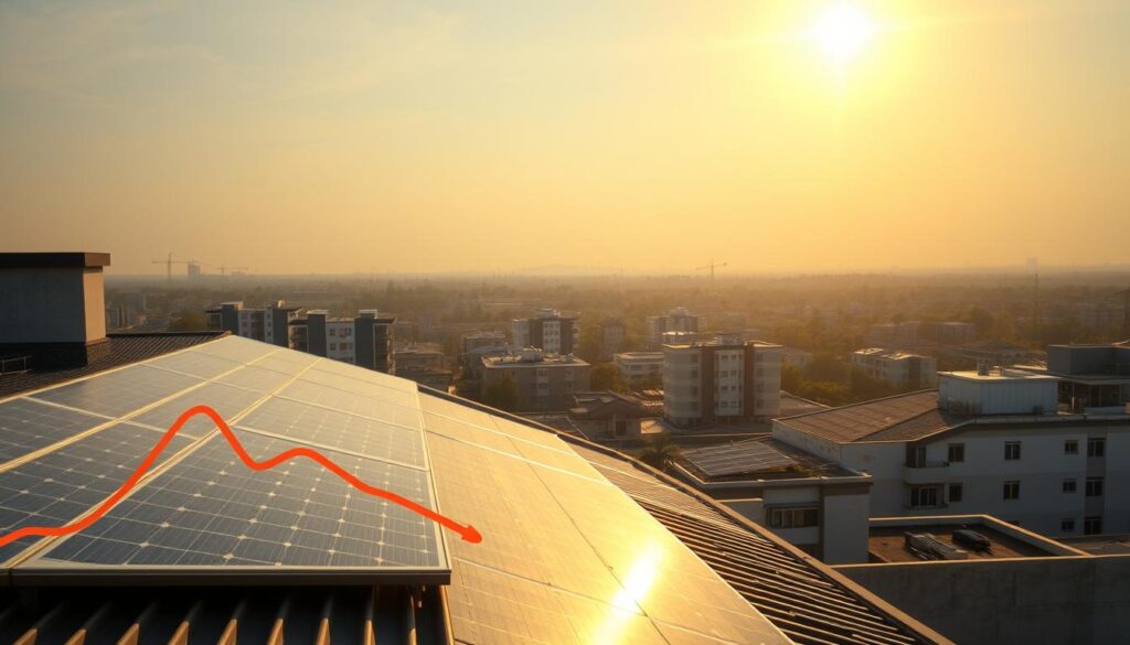 A sun-drenched rooftop, solar panels gleaming in the warm afternoon light, casting a gentle glow on the surrounding cityscape. In the foreground, a graph or chart clearly depicting the downward trend in power prices, a tangible representation of the positive impact of renewable energy sources on household electricity costs. The middle ground features a mix of modern residential and commercial buildings, their rooftops adorned with solar arrays, symbolizing the widespread adoption of sustainable energy solutions. In the background, a hazy, cloudless sky serves as a calming backdrop, reinforcing the sense of a brighter, more sustainable future for the region.