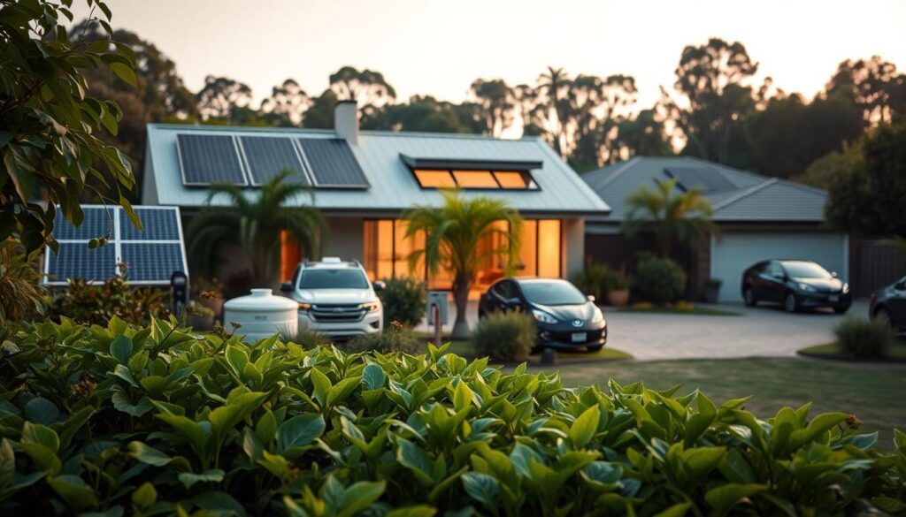A sustainable home with a lush, verdant garden in the foreground, showcasing solar panels, rainwater harvesting tanks, and energy-efficient windows. The middle ground features a well-insulated, modern house with a sleek, minimalist design, blending seamlessly with the natural surroundings. The background depicts a serene, tree-lined neighborhood, with electric vehicles parked in the driveway, illustrating the reduced carbon footprint. Warm, diffused lighting casts a soft, welcoming glow, creating an atmosphere of environmental harmony and conscious living. The scene captures the essence of sustainable home improvements that can help reduce the carbon footprint of Queenslanders. A sustainable home with a lush, verdant garden in the foreground, showcasing solar panels, rainwater harvesting tanks, and energy-efficient windows. The middle ground features a well-insulated, modern house with a sleek, minimalist design, blending seamlessly with the natural surroundings. The background depicts a serene, tree-lined neighborhood, with electric vehicles parked in the driveway, illustrating the reduced carbon footprint. Warm, diffused lighting casts a soft, welcoming glow, creating an atmosphere of environmental harmony and conscious living. The scene captures the essence of sustainable home improvements that can help reduce the carbon footprint of Queenslanders.