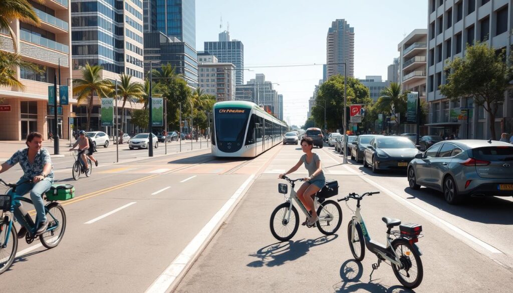 A vibrant cityscape in Queensland, Australia, with a focus on sustainable transportation options. In the foreground, electric bicycles and scooters zip along a dedicated bike lane, their riders enjoying the warm, sunny weather. In the middle ground, a modern tram system glides silently through the streets, its sleek, eco-friendly design complementing the surrounding architecture. In the background, a mix of hybrid and all-electric vehicles line the streets, signaling the city's commitment to reducing carbon emissions and promoting greener mobility. The scene is bathed in a soft, natural light, creating a sense of harmony and environmental consciousness. A vibrant cityscape in Queensland, Australia, with a focus on sustainable transportation options. In the foreground, electric bicycles and scooters zip along a dedicated bike lane, their riders enjoying the warm, sunny weather. In the middle ground, a modern tram system glides silently through the streets, its sleek, eco-friendly design complementing the surrounding architecture. In the background, a mix of hybrid and all-electric vehicles line the streets, signaling the city's commitment to reducing carbon emissions and promoting greener mobility. The scene is bathed in a soft, natural light, creating a sense of harmony and environmental consciousness.