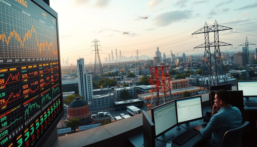 A wide-angle view of a dynamic wholesale electricity market, with charts and graphs depicting price fluctuations, supply and demand curves, and market trends. The foreground features a detailed display panel showing real-time pricing data, while the middle ground showcases trading floor activity with brokers and analysts monitoring computer screens. The background depicts a cityscape with power plants and transmission lines, conveying the broader energy landscape. The scene is illuminated by a combination of natural daylight and the warm glow of digital displays, creating a sense of urgency and intensity. The overall mood is one of data-driven decision-making, as the market navigates the complexities of pricing and challenges in the retail electricity sector.