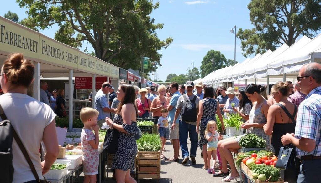 Community gathering at a Queensland farmers market with sustainable produce vendors