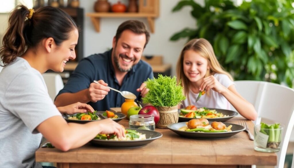 Family enjoying fresh Queensland farmers markets sustainable produce meal together