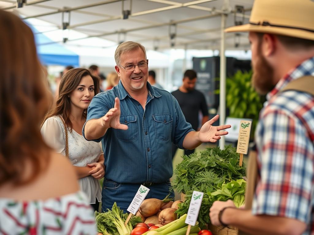 Farmer explaining sustainable farming practices for Queensland farmers markets sustainable produce