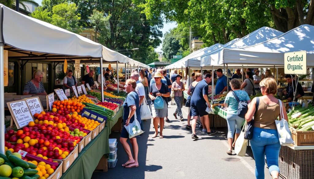 Northey Street Organic Farmers Market in Brisbane with stalls of certified organic Queensland farmers markets sustainable produce