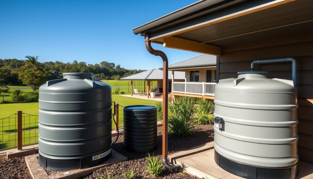 Rainwater harvesting system on a Queensland off-grid property with tanks collecting water from roof