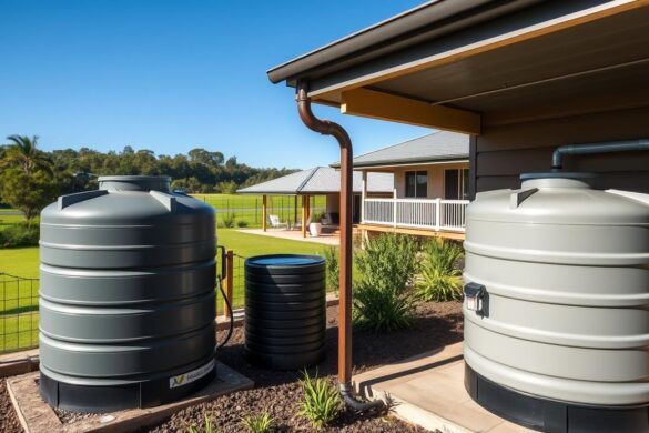 Rainwater harvesting system on a Queensland off-grid property with tanks collecting water from roof