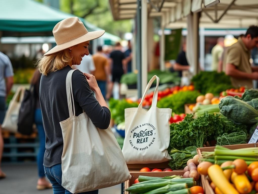 Shopper with reusable bags selecting Queensland farmers markets sustainable produce