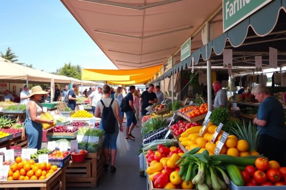 Vibrant display of fresh organic vegetables at a Queensland farmers market with sustainable produce