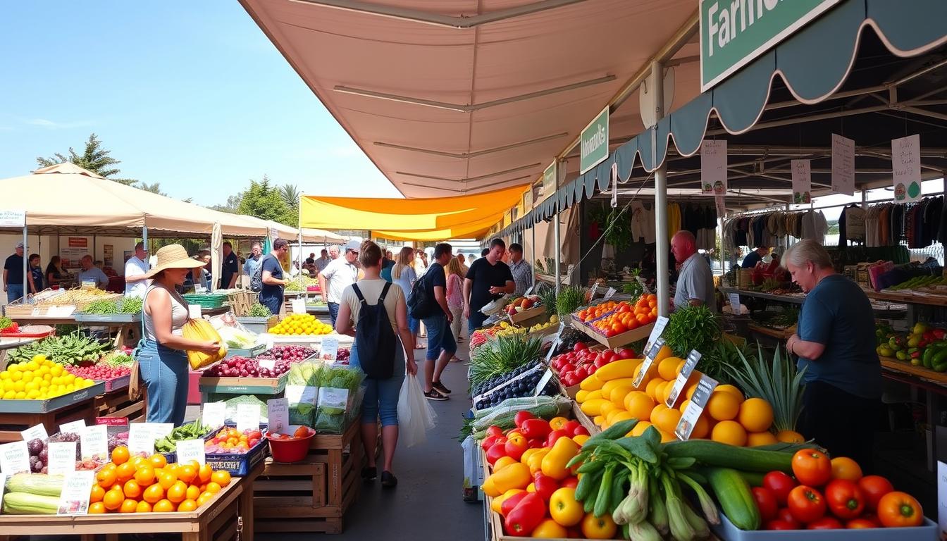 Vibrant display of fresh organic vegetables at a Queensland farmers market with sustainable produce