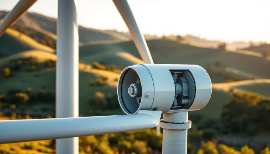 A closeup view of the key components of a residential wind turbine system in a rural Queensland setting. In the foreground, the sleek, modern wind turbine tower stands tall, its blades gently rotating in a light breeze. The middle ground features the turbine's nacelle, housing the generator and gearbox, all meticulously engineered. In the background, rolling hills and lush greenery create a peaceful, natural backdrop. The scene is bathed in warm, golden sunlight, conveying a sense of sustainable energy and self-sufficiency. The image showcases the technical details and elegant design of a small-scale wind power system suitable for off-grid Queensland properties.
