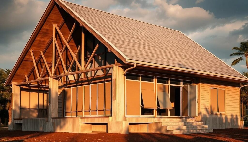 A large, sturdy concrete frame anchored deep into the ground, supporting a reinforced concrete roof with a steep, angled design. Metal cross-braces and struts running diagonally across the structure, creating a web-like pattern to withstand high-velocity winds. The exterior walls feature impact-resistant siding, strategically placed to minimize surface area and deflect debris. Expansive windows shielded by heavy-duty shutters, ready to be closed at the first sign of a cyclone. The entire assembly bathed in warm, directional lighting, casting dramatic shadows that highlight the structural integrity. An image that conveys strength, resilience, and a thoughtful approach to cyclone-proofing a sustainable home.