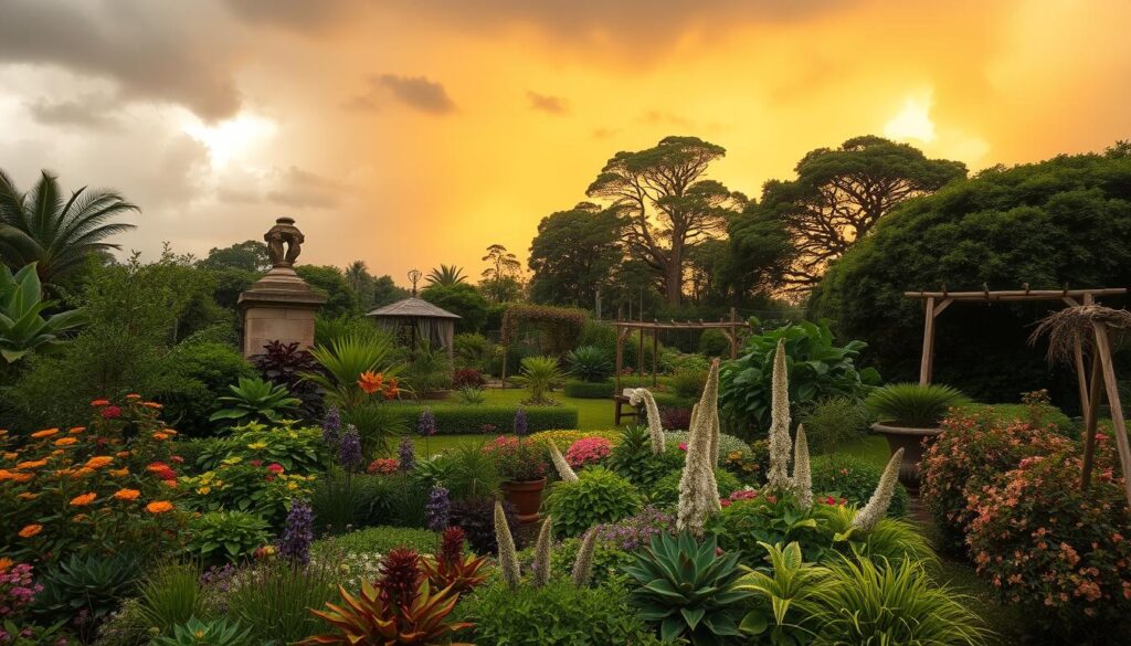 A lush garden oasis stands resilient against a looming cyclone, its well-designed layout and sturdy plants weathering the storm. In the foreground, a vibrant array of native flora sways gently in the increasing winds, their deep roots anchoring the soil. The middle ground reveals strategically placed windbreaks and trellises, engineered to channel the gusts and protect the more delicate blooms. In the background, mature trees with broad canopies offer shelter, their branches bending but not breaking under the cyclone's fury. Warm, golden light filters through the clouds, casting a hopeful glow over the scene, a testament to the garden's ability to withstand the elements.