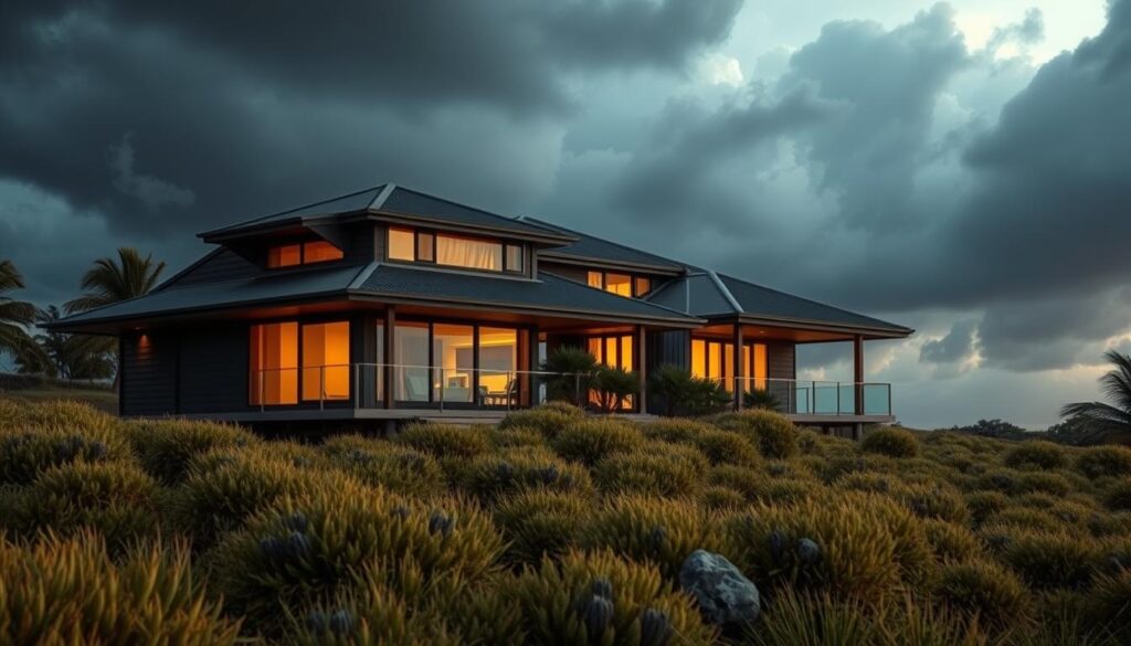 A resilient coastal home in Queensland, designed to withstand cyclonic winds and heavy rains. In the foreground, a sturdy, elevated structure with reinforced walls, impact-resistant windows, and a sturdy roof system. The middle ground showcases lush, drought-tolerant landscaping that acts as a natural windbreak. In the background, dark storm clouds loom, but the home stands tall and secure, ready to protect its inhabitants. The scene is illuminated by warm, golden lighting, conveying a sense of preparedness and safety amidst the impending weather. The overall atmosphere is one of resilience, sustainability, and a harmonious integration of the built environment and the natural surroundings.