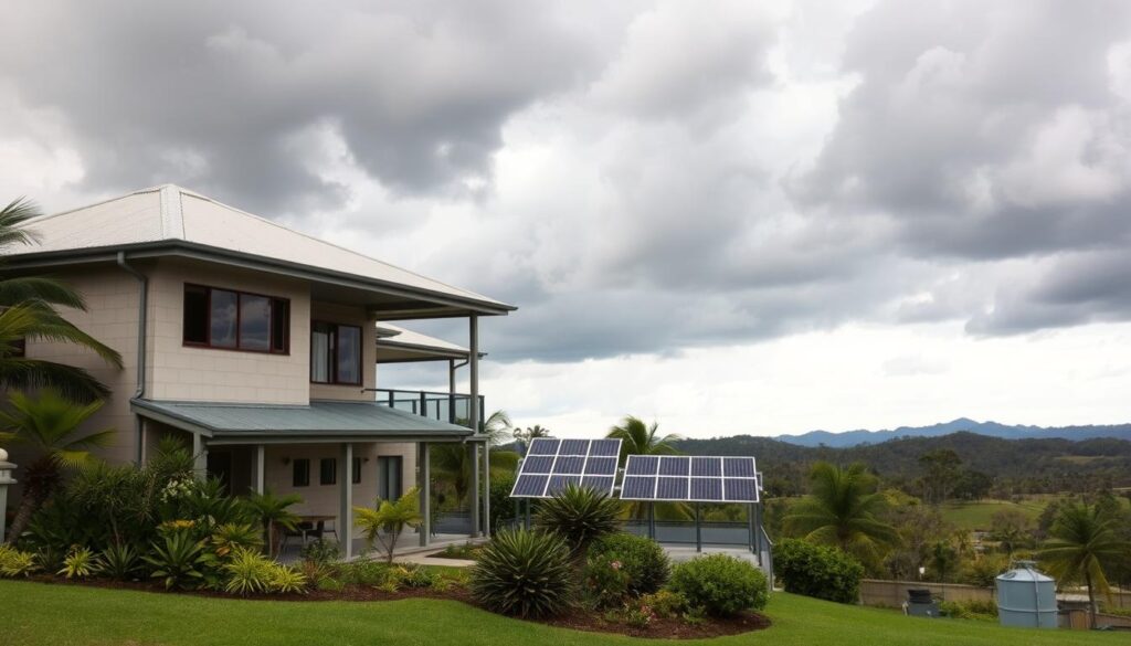 A resilient, cyclone-proof home in the lush, tropical landscape of Queensland. In the foreground, a two-story house with a sturdy steel frame, reinforced concrete walls, and impact-resistant windows. The roof features a reinforced design with durable metal sheeting and specialized fasteners to withstand high winds. Surrounding the home, a well-landscaped yard with native, wind-resistant plants and trees that provide natural shielding. In the middle ground, a solar panel array and rainwater harvesting system, demonstrating the home's sustainability features. The background shows a scenic vista of rolling hills and a cloudy, stormy sky, conveying the harsh weather conditions the home is designed to endure. The overall scene exudes a sense of security, resilience, and environmental harmony.