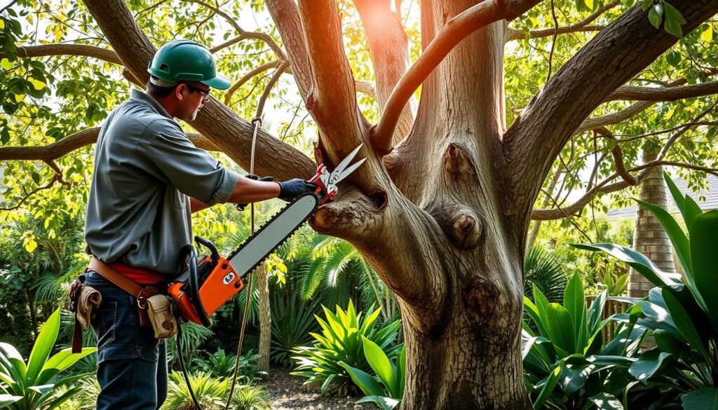 A skilled arborist carefully prunes a large, mature tree, removing damaged or diseased branches to prevent further storm damage. The scene is set in a lush, verdant Queensland garden, with a mix of tropical foliage and native plants in the background. The arborist, wearing protective gear, uses a chainsaw and pruning shears with precision, mindful of the tree's health and the safety of the surrounding landscape. Dappled sunlight filters through the remaining branches, casting a warm, natural glow over the scene. The image conveys the importance of proactive tree maintenance in cyclone-prone regions, helping to safeguard both the garden and the home.