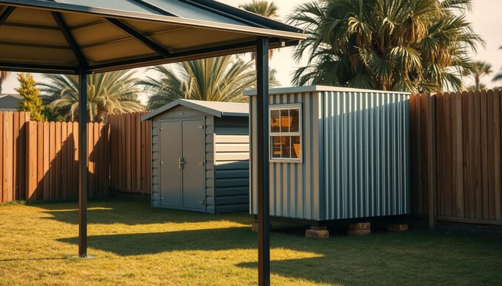 A sprawling outdoor scene showcasing secure cyclone-proof structures. In the foreground, a sturdy metal-framed gazebo with reinforced panels and storm-resistant anchoring. In the middle ground, a well-built garden shed with heavy-duty galvanized steel walls and impact-resistant windows. Beyond, a tall, solid timber fence with interlocking panels and deep foundations to withstand high winds. The scene is bathed in warm, diffused lighting, creating an atmosphere of resilience and preparedness. Subtle shadows and textures emphasize the strength and durability of these structures, ready to weather the fiercest cyclones.