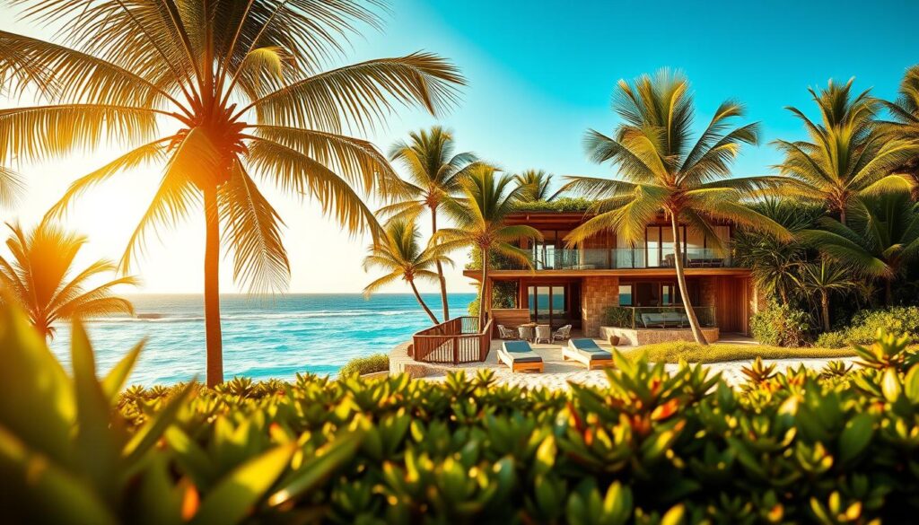 A sun-drenched beach with lush tropical foliage in the foreground. In the middle ground, a modern coastal home constructed with sustainable materials: bamboo siding, reclaimed timber beams, and a green roof of native grasses. The home is nestled amongst indigenous palm trees, with a picturesque view of the azure ocean in the background. Warm natural lighting bathes the scene, creating a serene and inviting atmosphere. The architecture seamlessly blends with the surrounding environment, showcasing eco-friendly design principles suitable for a cyclone-prone coastal region.