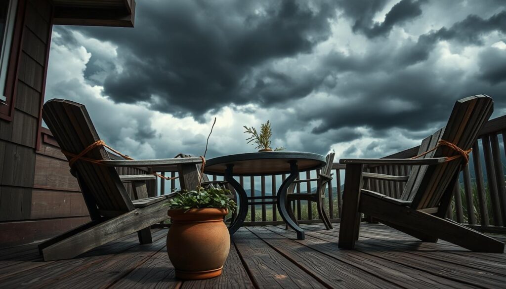 A weathered wooden patio, chairs and a table securely tied down with sturdy ropes as thick, ominous storm clouds loom overhead. In the foreground, a potted plant and decorative vase teeter precariously, hinting at the powerful gusts to come. The lighting is dramatic, with deep shadows and highlights that accentuate the textures of the furniture and the tension in the scene. The camera angle is low, emphasizing the weight and solidity of the objects being secured, conveying a sense of urgency and preparation for the impending cyclone.