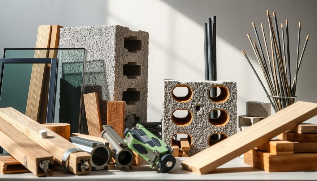 A well-lit, detailed still life scene depicting a variety of resilient building materials for cyclone-safe homes. In the foreground, a selection of sturdy wooden beams, metal connectors, and impact-resistant glass panels are artfully arranged. In the middle ground, textured concrete blocks and high-strength reinforced steel rods stand tall, showcasing their durability. The background features a soft, muted color palette, with subtle shadows and natural lighting that highlights the rugged, weatherproof qualities of the materials. The overall composition conveys a sense of strength, resilience, and practical solutions for building cyclone-proof homes.