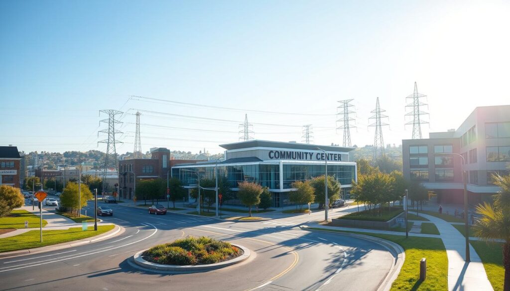 A bustling city street, illuminated by warm afternoon sunlight, with a focus on the local municipal infrastructure. In the foreground, a well-maintained road network, dotted with freshly paved sidewalks and carefully tended landscaping. In the middle ground, a modern community center, its sleek glass facade reflecting the surrounding buildings. In the background, a network of power lines and communication towers, symbolizing the interconnected systems that support the local community. The scene conveys a sense of vibrancy and civic pride, hinting at the careful stewardship of council rates to uphold the quality of local infrastructure.