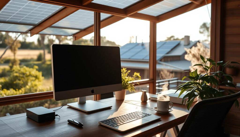 A cozy home office in rural Queensland, bathed in warm sunlight from solar-powered panels on the roof. Sleek, ergonomic desk equipment - a laptop, monitor, and wireless keyboard - positioned neatly against a backdrop of natural wood and greenery through the window. Soft, diffused lighting casts a serene ambiance, complemented by a houseplant and a cup of steaming tea. The scene radiates productivity, sustainability, and a harmonious blend of technology and nature.