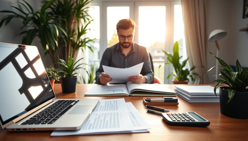 A cozy home office scene showcasing a detailed budget plan for Queensland property rates. In the foreground, a wooden desk holds a laptop, a calculator, and neatly organized financial documents. Framed by lush indoor plants, the middle ground features a person carefully reviewing the paperwork, with a focused expression. The background depicts a warm, sun-drenched window overlooking a suburban neighborhood, conveying a sense of domestic tranquility. Soft, diffused lighting creates a calming atmosphere, while the camera angle provides a slightly elevated, three-quarter view to emphasize the planning and organization of the household's financial management.