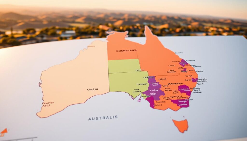 A detailed map of Queensland, Australia, showcasing the local government levies across different regions. The foreground displays a color-coded overlay highlighting the variance in rates, with a clear legend. The middle ground features the major cities and towns, their borders delineated. In the background, a subtle topographical landscape emerges, conveying the geographic diversity of the state. The scene is illuminated by warm, natural lighting, captured through a wide-angle lens to provide a comprehensive view. The overall mood is one of informative clarity, allowing the viewer to easily compare and contrast the local government levies across Queensland.