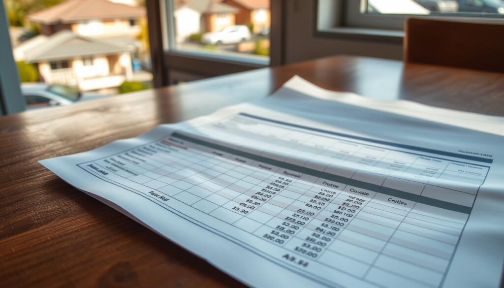 A meticulously designed spreadsheet laid out on a wooden desk, showcasing detailed household budget calculations for council rates in Queensland. The lighting is warm and natural, casting subtle shadows that accentuate the precise figures and calculations. In the background, a window offers a glimpse of a suburban neighborhood, emphasizing the real-world application of this budgeting exercise. The overall mood is one of thoughtful financial planning, with a touch of domestic tranquility. The composition strikes a balance between the analytical data and the relatable, everyday setting, creating a visually engaging and informative image.