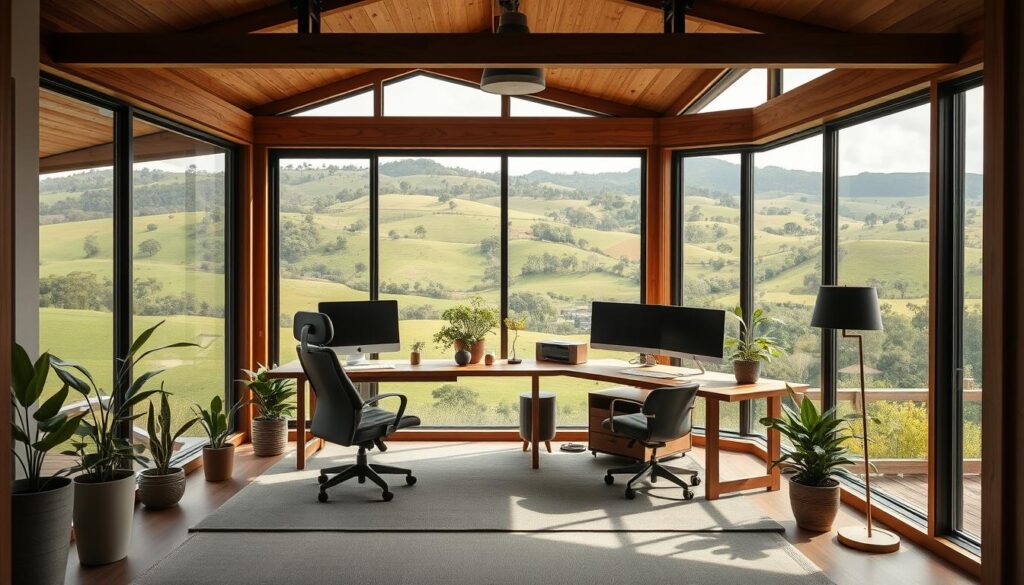 A modern, ergonomic home office nestled in the lush, rolling hills of rural Queensland. A spacious, well-lit workspace with large windows offering panoramic views of the verdant landscape. A minimalist, L-shaped desk crafted from sustainably sourced timber, accompanied by a high-back, adjustable office chair. Sleek, energy-efficient monitors and a clutter-free desk surface, allowing for maximum productivity. Potted plants and natural accents blend seamlessly, creating a calming, nature-inspired atmosphere. Soft, diffused lighting from overhead fixtures and a floor lamp enhance the tranquil mood. The office is situated to take advantage of the gentle breeze and abundant natural light, promoting focus and inspiration.