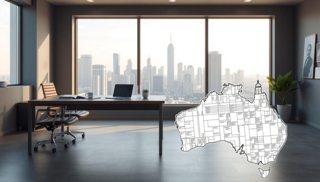 A modern, minimalist office interior with a large desk and two chairs. On the desk, a laptop, a cup of coffee, and various office supplies. The walls are a neutral gray, with a large window overlooking a bustling city skyline. Soft, natural lighting filters in, creating a warm and productive atmosphere. The foreground features a detailed, intricate illustration of a Queensland property assessment council rates calculation form, showcasing the complex process of managing local council rates for households.