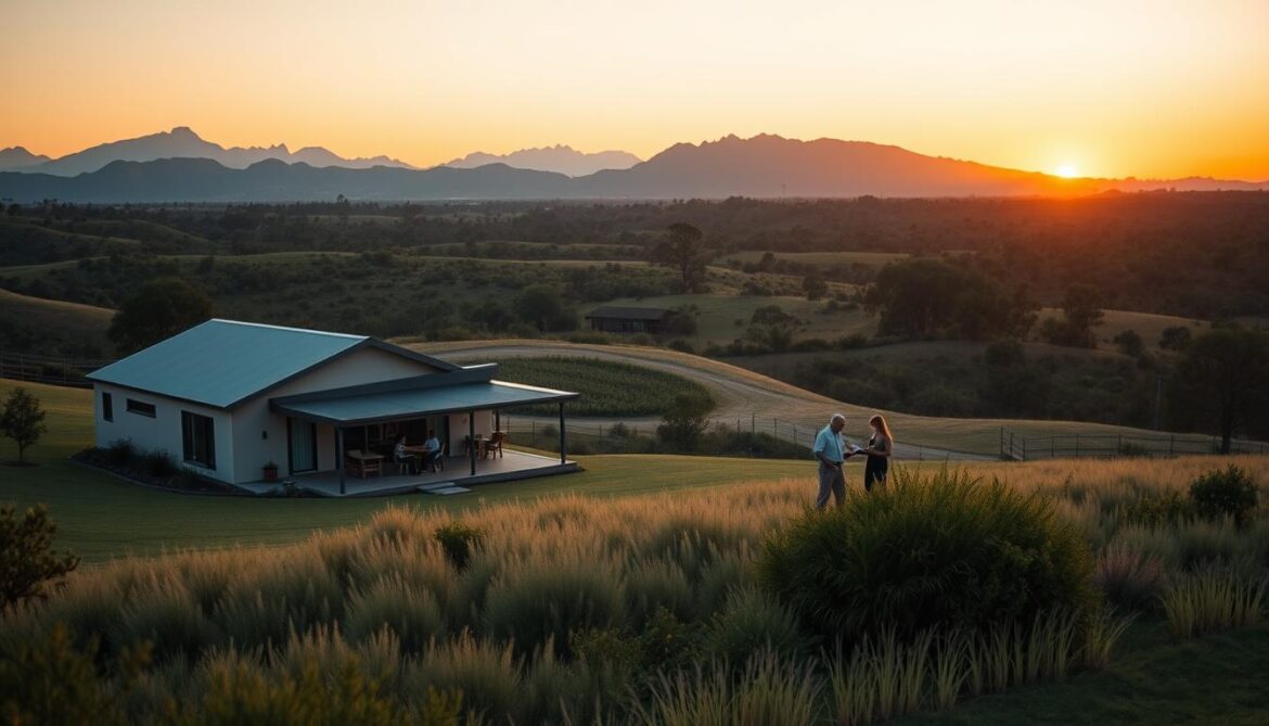 A picturesque rural landscape in Queensland, Australia, showcasing the tax benefits for remote workers. In the foreground, a modern home nestled among rolling hills and lush greenery, with a neatly manicured garden and a cozy porch. In the middle ground, a family of remote workers enjoying the peaceful setting, laptops and documents in hand, taking advantage of the flexible work environment. In the background, a stunning vista of the Outback, with rugged mountains and a vibrant, golden sunset casting a warm glow over the scene. The lighting is soft and diffused, creating a calming, inviting atmosphere. The image conveys the beauty and tranquility of the rural Queensland lifestyle, while highlighting the financial incentives that make it an attractive option for remote professionals.