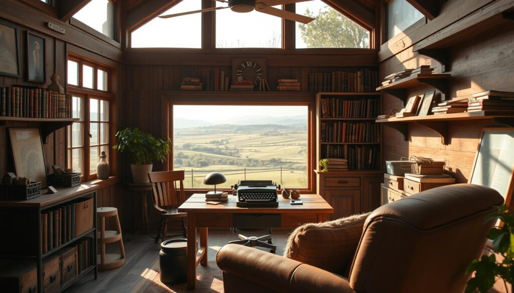 A quaint, rustic Queensland farm office nestled amidst rolling hills and lush greenery. Sunlight filters through large windows, casting a warm glow on the weathered wooden furniture and vintage decor. A sturdy desk with a classic typewriter sits at the center, surrounded by bookshelves filled with leather-bound volumes. In the foreground, a comfortable armchair invites relaxation, while the background reveals a scenic vista of rolling pastures and a distant, hazy horizon. This tranquil workspace exudes a sense of timeless charm and rural serenity, perfectly capturing the unique character of a home office in the heart of Queensland's countryside.