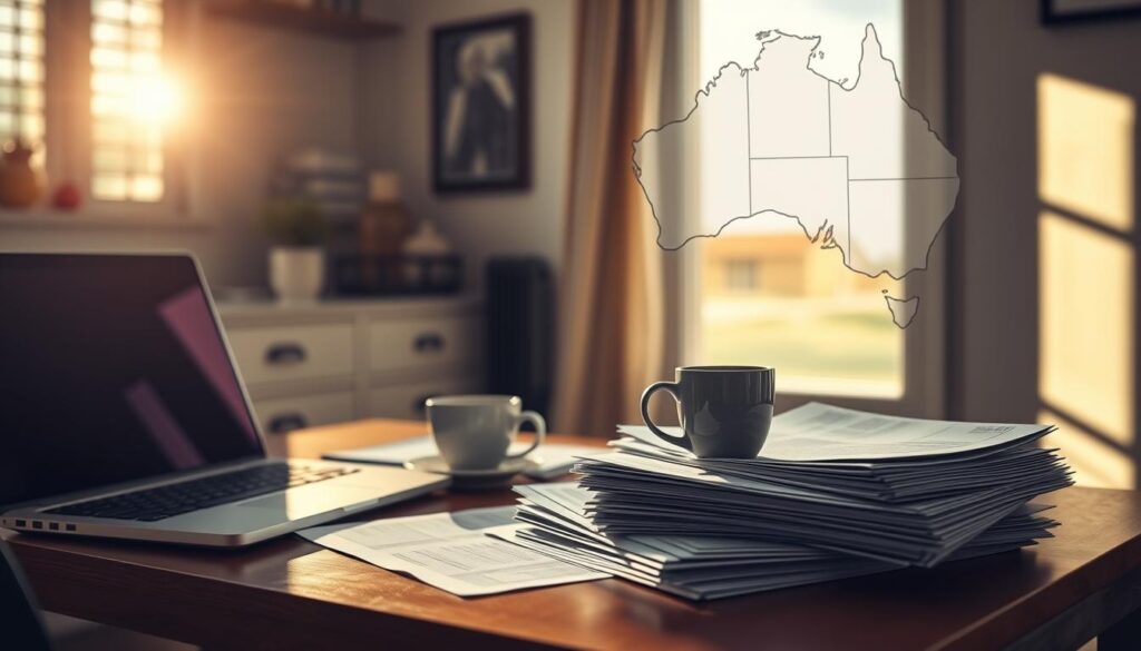 A remote worker's desk in a cozy home office, sunlight streaming through the window, casting a warm glow on the workspace. On the desk, a laptop, a cup of coffee, and tax forms neatly stacked, symbolizing the unique tax considerations for those who work remotely in Queensland. In the background, a map of Australia highlights the regional location, emphasizing the importance of understanding the tax benefits and deductions available to rural remote workers. The scene conveys a sense of productivity, tranquility, and the nuances of navigating the tax landscape as a remote professional.