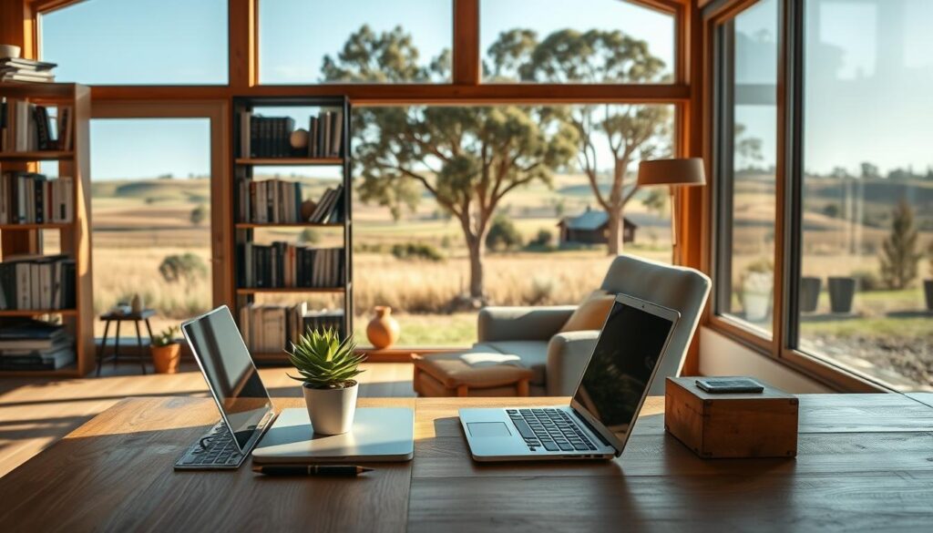 A rural home office in Queensland, bathed in soft natural light. The foreground features a wooden desk with a laptop, pen, and a potted succulent. The middle ground showcases a bookshelf with volumes on sustainable design and a cozy armchair. In the background, a large window frames a picturesque landscape of rolling hills, eucalyptus trees, and a distant farmhouse. The atmosphere is one of tranquility and productivity, blending the digital and the natural. A wide-angle lens captures the harmonious integration of technology and the serene rural environment.
