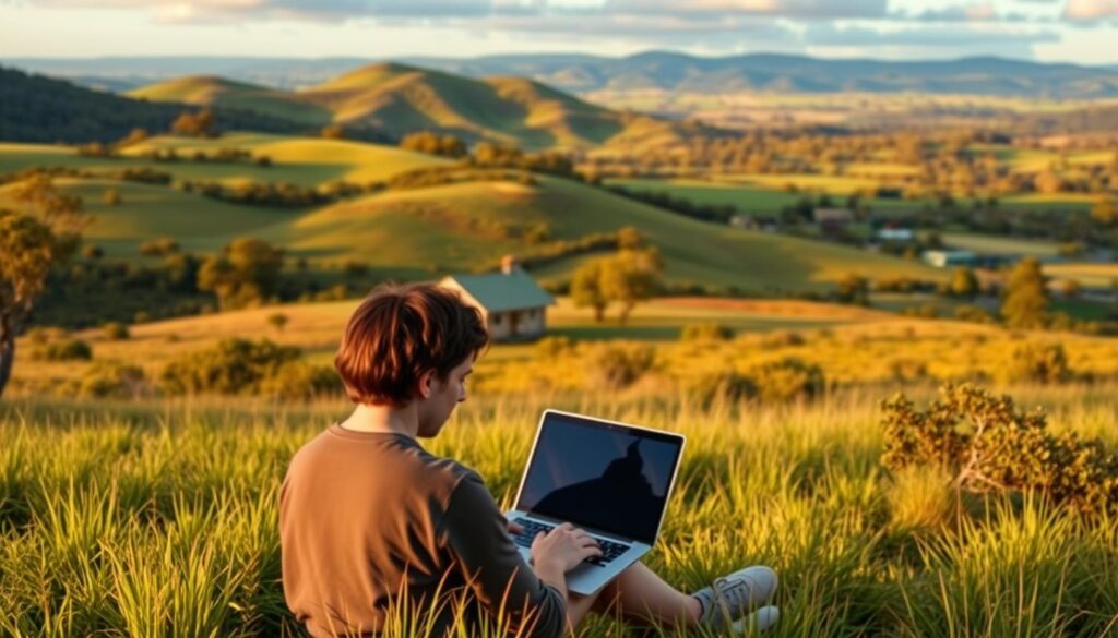 A scenic rural landscape in Queensland, Australia, with a focus on a remote worker enjoying tax benefits. In the foreground, a person using a laptop outdoors, surrounded by lush greenery and rolling hills. The middle ground features a small cabin or cottage, symbolic of remote work setups. The background showcases the vast, picturesque countryside, with vibrant colors, warm natural lighting, and a sense of tranquility. The overall composition evokes the advantages of working remotely in a beautiful, tax-beneficial region.
