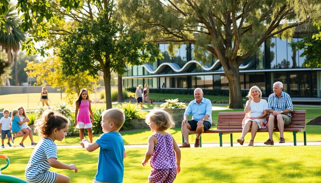 A serene community park in the heart of a Queensland shire, vibrant with greenery and people enjoying the outdoors. In the foreground, a group of children play on a colorful playground, their laughter filling the air. In the middle ground, a young family sits on a wooden bench, engaged in conversation, while an elderly couple strolls by. In the background, a modern council building stands, its glass facade reflecting the surrounding landscape. Warm sunlight bathes the scene, creating a welcoming and inclusive atmosphere, conveying the importance of council funding for community services that enrich the lives of local residents.