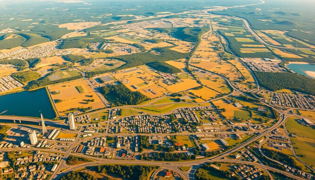 A sprawling map of Queensland's diverse regions, showcasing the intricate web of local infrastructure funding. In the foreground, vibrant city centers pulsate with energy, their roads and utilities meticulously maintained by strategic investments. The midground reveals lush, verdant landscapes, where rural communities thrive with well-equipped schools, hospitals, and transportation networks. In the distance, rugged terrain and coastal havens come into focus, their local infrastructure supported by judicious resource allocation. The scene is bathed in warm, golden light, evoking a sense of prosperity and community resilience. Captured through a wide-angle lens, the image conveys the breadth and depth of Queensland's commitment to equitable infrastructure development across its varied landscapes.