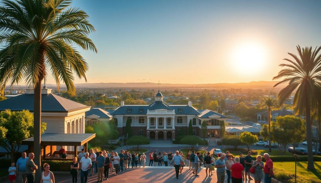 A sprawling municipal complex nestled in the heart of Queensland, its stately architecture and manicured grounds reflecting the essential services that depend on council rates. In the foreground, citizens queue at the front entrance, seeking guidance on property valuations and council-provided amenities. Warm sunlight filters through the towering palm trees, casting a golden glow over the scene. The mid-ground showcases a diverse array of facilities - from the town hall to the public library, all seamlessly integrated into the vibrant community. In the distance, the silhouettes of residential neighborhoods hint at the far-reaching impact of council governance on the local way of life.