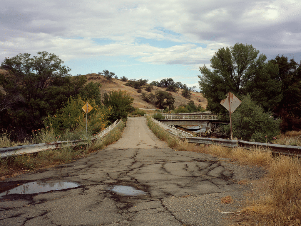 A pothole-riddled street in a Queensland suburb, the cracked asphalt covered in debris and weeds. Sunlight filters through the canopy of gnarled trees lining the road, casting long shadows across the uneven surface. In the foreground.
