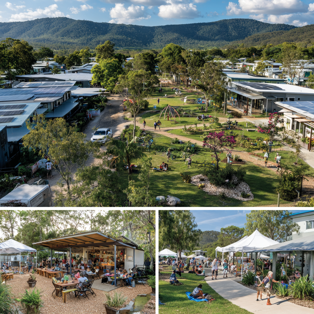 Queensland Australia community, showcasing the tangible benefits of well-spent council rates. In the foreground, a bustling town square with families enjoying a lively farmer's market, locals browsing local artisanal shops, and children playing in a beautifully landscaped public park. In the middle ground, a modern community center hosting educational classes and recreational activities, surrounded by newly renovated affordable housing units.
